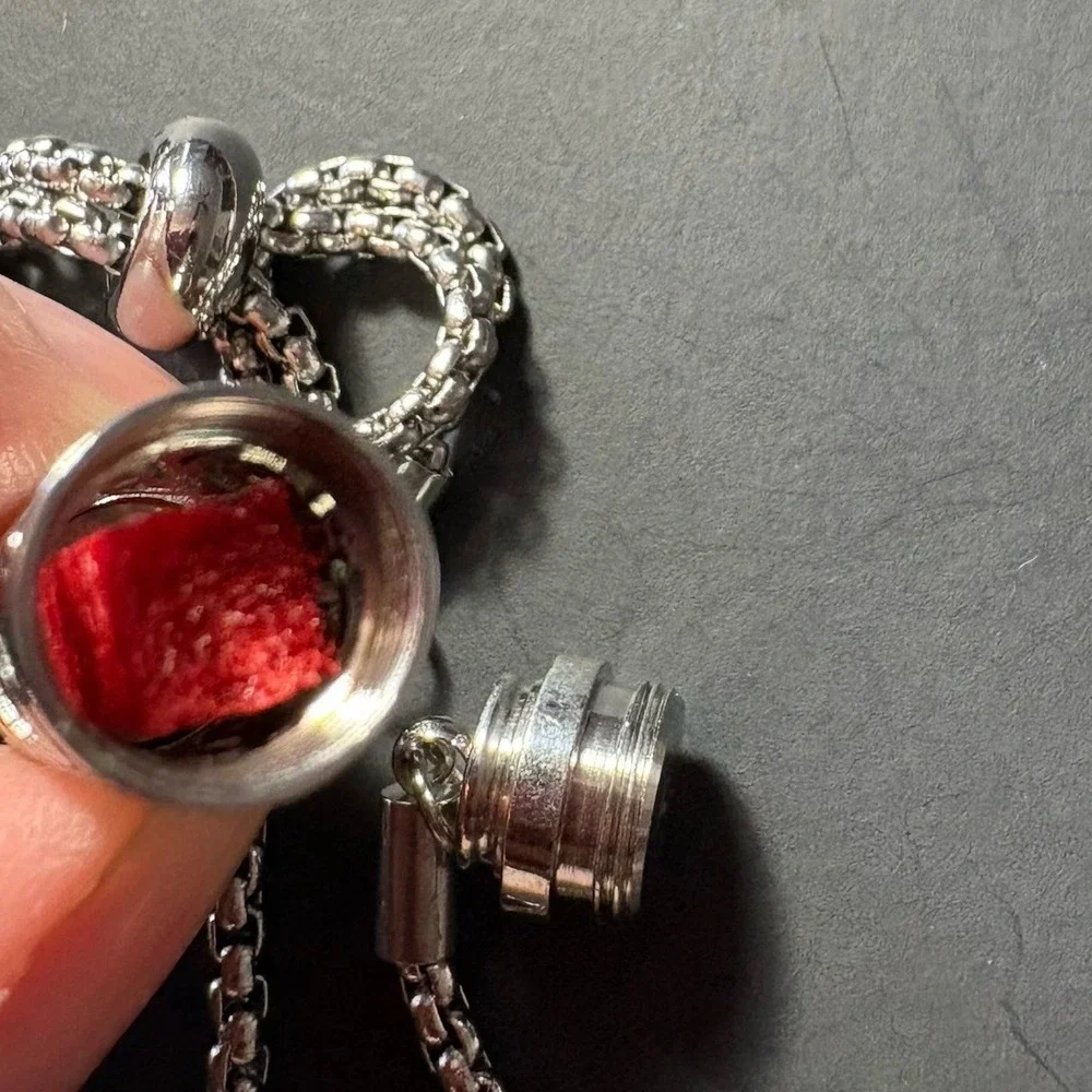 Silver Tone Adjustable Slider Bracelet Cutout Cylinder Red Stone‎ Accent Boho